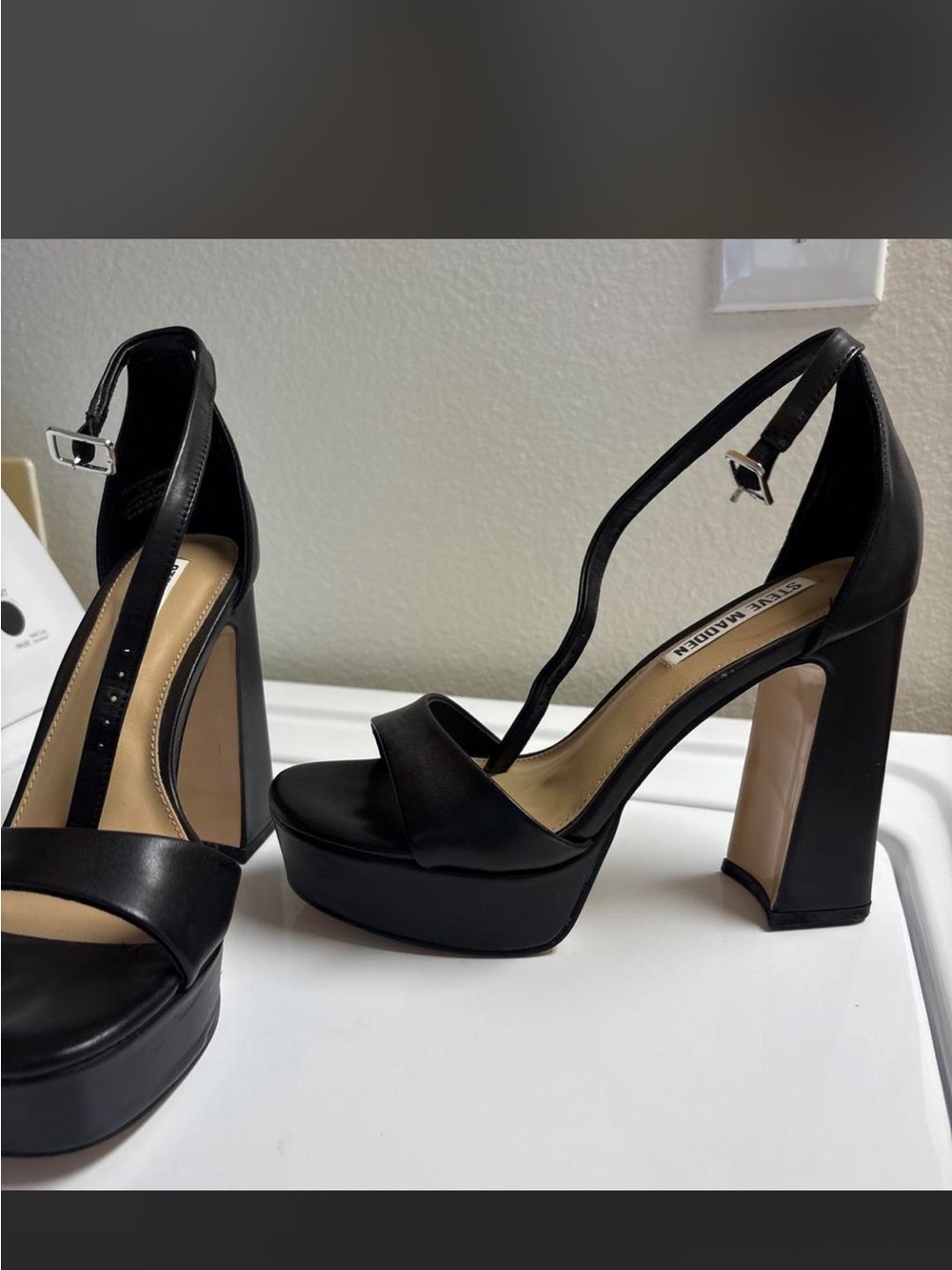 Steve Madden Black Platform Block Heels with Ankle Strap - Picture 2 of 4